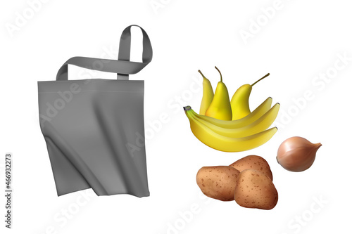 Realistic gray eco bags for fruits and vegetables