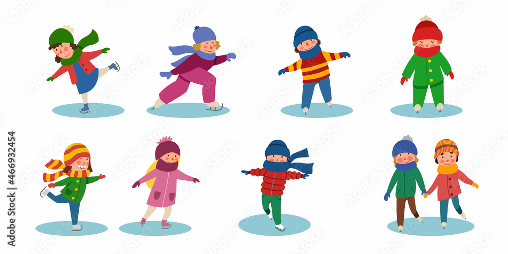 A set of Children skating on ice. Winter sports. Vector illustration in a flat style. A set of Children skating on ice. Winter sports. Vector illustration in a flat style.