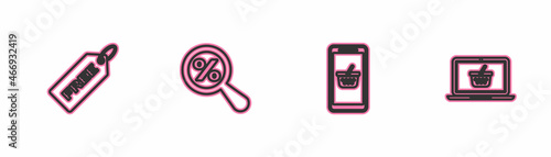 Set line Price tag with Free, Mobile and shopping basket, Magnifying glass percent and Shopping on laptop icon. Vector