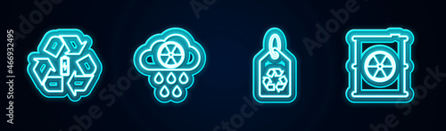 Set line Battery with recycle, Acid rain and radioactive cloud, Tag and Radioactive waste barrel. Glowing neon icon. Vector