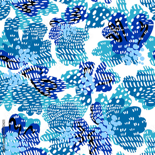 Simple geometric modern ornament. Dash lines mixed with stylized large flower petals. Seamless pattern. Hand drawn dashed doodle elements texture. Abstract illustration with bold dotted lines.