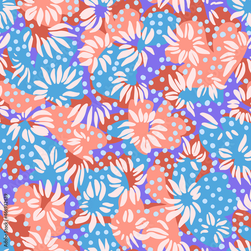 Nature background. Leaf seamless pattern. Stylized large flower heads of daisy wildflowers ornament. Trendy flat design, silhouettes. Simple abstract shapes texture. Textile and fabric design.