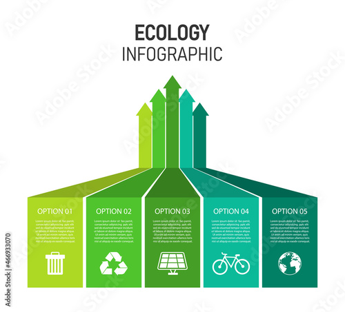 arrows up green ecology infographic with 5 element. sustainable and environmental friendly concept isolated on white background. vector illustration in flat design. can be used for presentation.