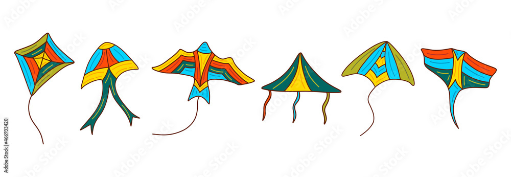 Obraz premium Set of kites. Group of toys flying in air on a string, soaring in sky in wind, different colors and with ribbons. Hand drawn vector isolated illustration clip art. Outdoors entertainment