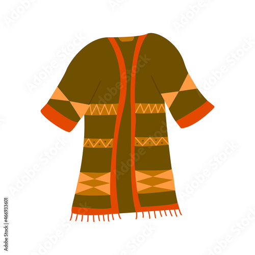 Warm cozy green boho coat. Jacket or cape with ethnic print and tassels at the bottom. Outerwear for fall or winter, bohemian trendy colors. Hand drawn vector illustration isolated doodle