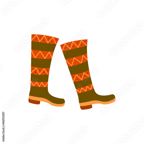 Womens stylish green boho boots with wide heels. Comfortable warm shoes for fall or winter, bohemian colors, ethnic print, scandinavian pattern. Colorful hand drawn vector isolated illustration doodle