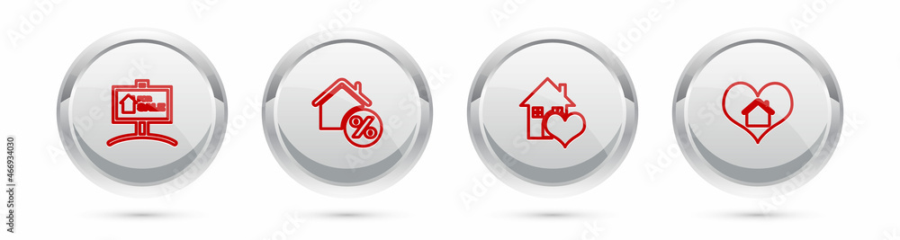 Set line Hanging sign with For Sale, House percant, heart shape and . Silver circle button. Vector Set line Hanging sign with For Sale, House percant, heart shape and . Silver circle button. Vector