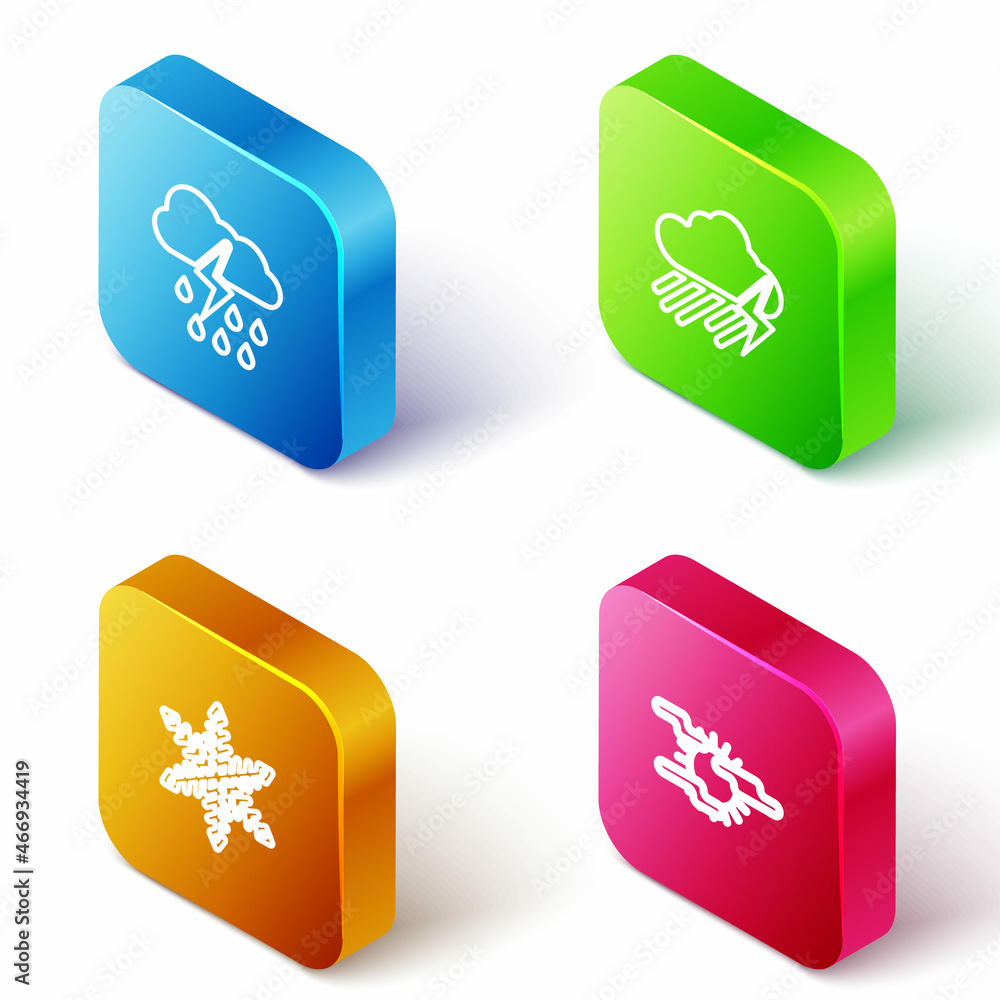 Set Isometric line Cloud with rain and lightning, , Snowflake and Fog sun icon. Vector Set Isometric line Cloud with rain and lightning, , Snowflake and Fog sun icon. Vector