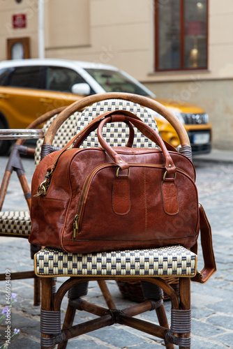 close-up photo of brown leather bag corporate. © Mykola
