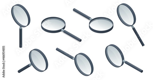 Isometric Magnifying Glass. Magnifier or Loupe. Convex lens that is used to produce a magnified image of an object.