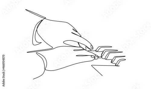 continuous drawing of a single line of hands playing on the piano keys close-up