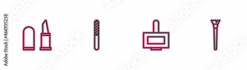 Set line Lipstick, Nail polish bottle, file and Makeup brush icon. Vector