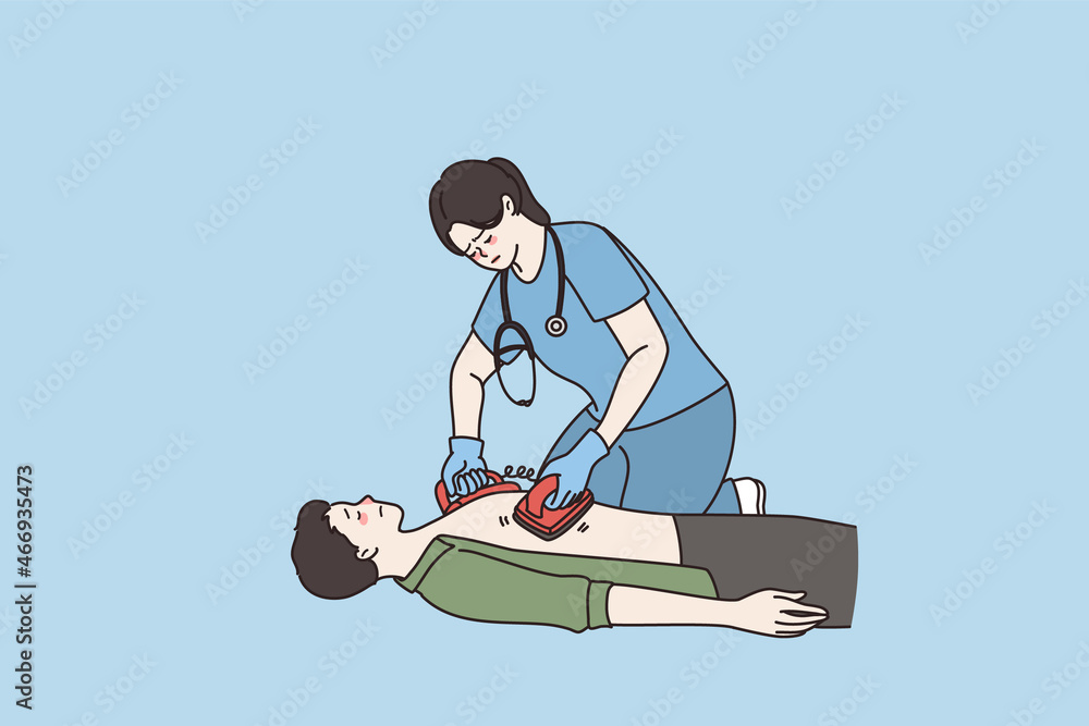 Female nurse use defibrillator for cardiac arrest of man patient suffer from heart attack. Woman doctor first aid resuscitation. Lifesaving, ambulance, emergency service. Flat vector illustration.  - obrazy, fototapety, plakaty 