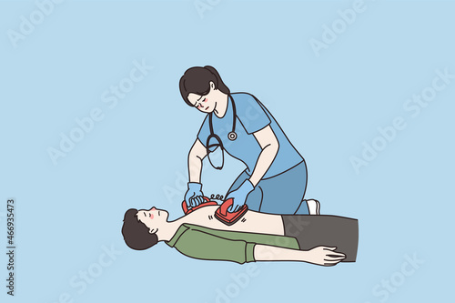 Female nurse use defibrillator for cardiac arrest of man patient suffer from heart attack. Woman doctor first aid resuscitation. Lifesaving, ambulance, emergency service. Flat vector illustration. 