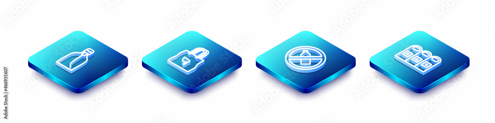 Set Isometric line Bottle of liquid soap, Shopping bag with recycle, No plastic bottle and Trash garbage cans sorted icon. Vector Set Isometric line Bottle of liquid soap, Shopping bag with recycle, No plastic bottle and Trash garbage cans sorted icon. Vector