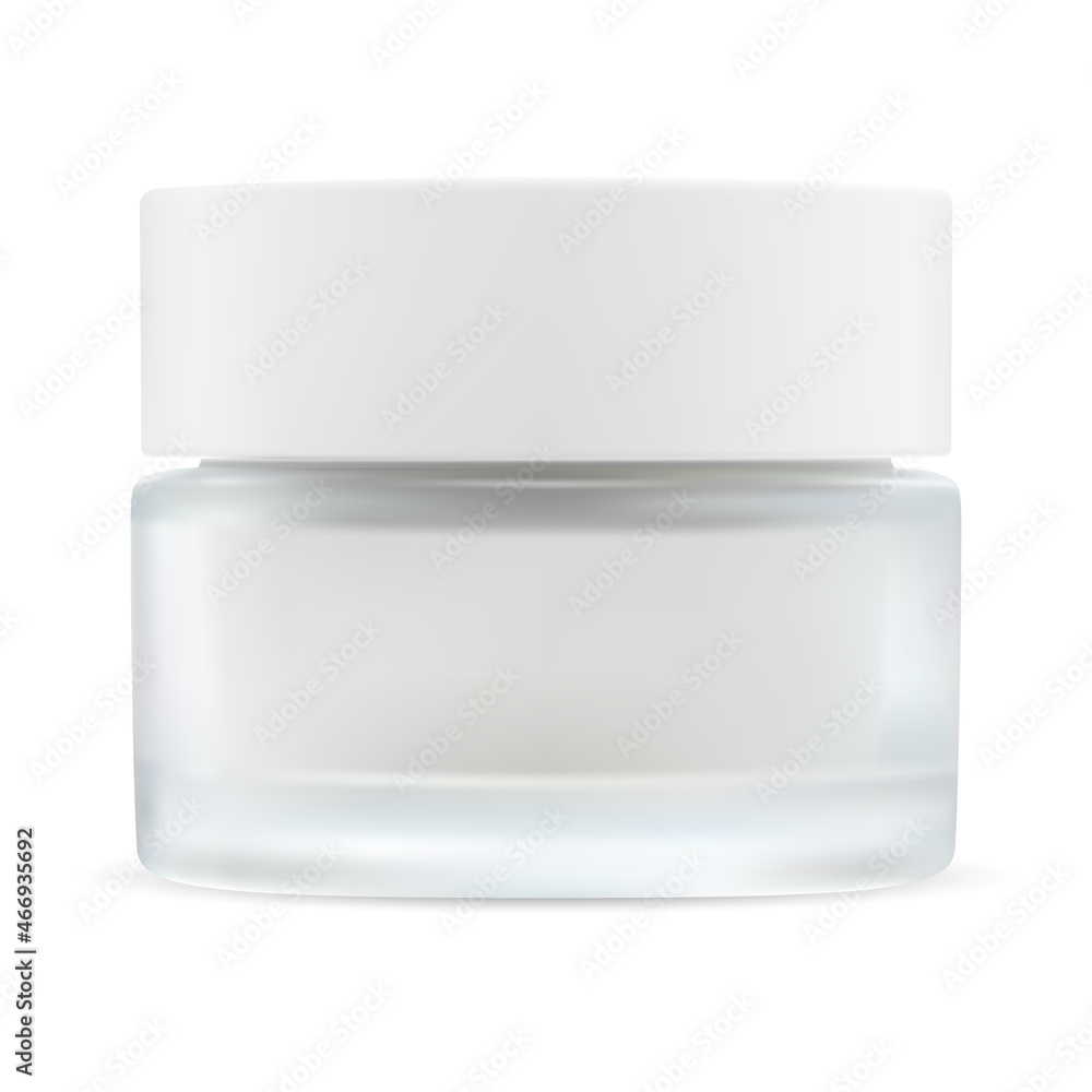 Glass cream jar. Cosmetic cream container blank. White plastic cap glass  pot mockup illustration. Round skin