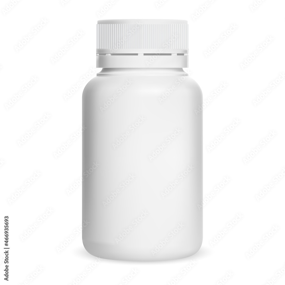 White plastic pill bottle. Vitamin supplement jar, vector blank. Pharmaceutical product template design, empty medical box with cap. Small aspirin drug jar mockup White plastic pill bottle. Vitamin supplement jar, vector blank. Pharmaceutical product template design, empty medical box with cap. Small aspirin drug jar mockup