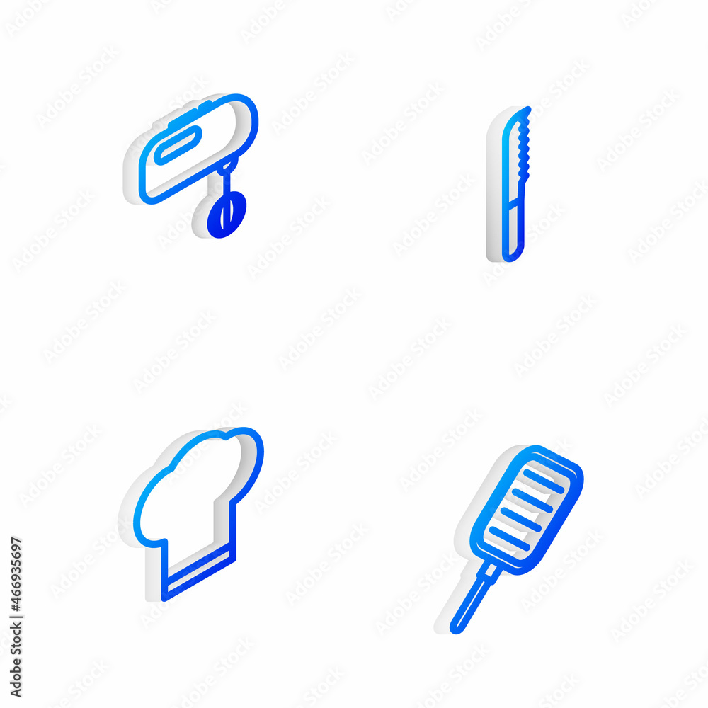 Set Isometric line Bread knife, Electric mixer, Chef hat and Frying pan icon. Vector Set Isometric line Bread knife, Electric mixer, Chef hat and Frying pan icon. Vector