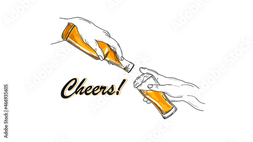 Cheers! Hands holding a glass and a bottle of beer, made in line art style. Key colors black, orange and yellow
