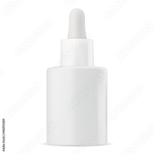 Cosmetic oil dropper bottle. Serum dropper packaging mockup, isolated. White glass medical vial, essential oil package. Liquid aroma essence flask, collagen treatment mock up