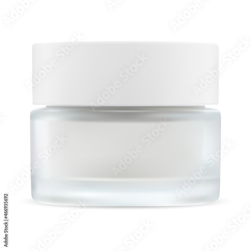 Glass cream jar. Cosmetic cream container blank. White plastic cap glass pot mockup illustration. Round skin blush powder or gel tin template mock up. Creme jar no label, logo for your brand