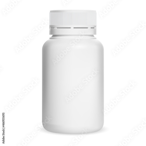 White plastic pill bottle. Vitamin supplement jar, vector blank. Pharmaceutical product template design, empty medical box with cap. Small aspirin drug jar mockup