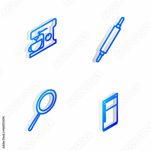 Set Isometric line Rolling pin, Electric mixer, Frying pan and Refrigerator icon. Vector