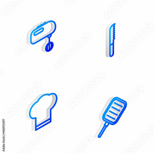 Set Isometric line Bread knife, Electric mixer, Chef hat and Frying pan icon. Vector