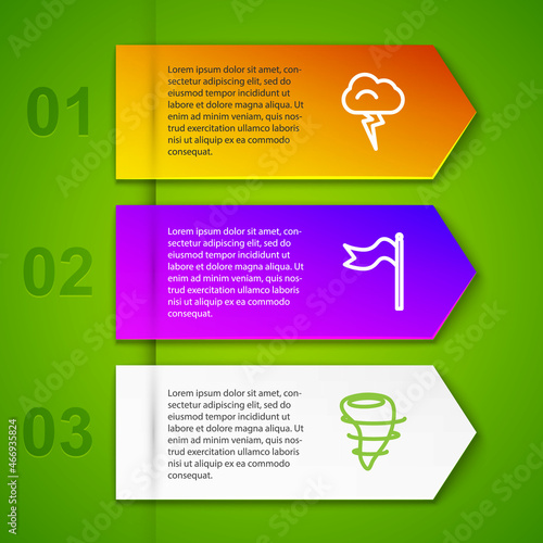 Set line Storm, Meteorology windsock wind vane, Tornado and Umbrella. Business infographic template. Vector