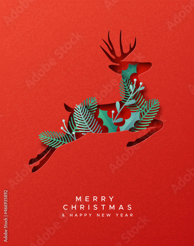 Christmas New Year paper cut reindeer leaf card