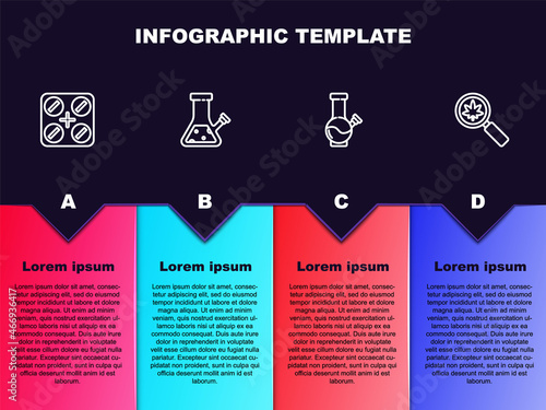 Set line Medical pills with marijuana, Glass bong for smoking cannabis, and Magnifying glass and. Business infographic template. Vector