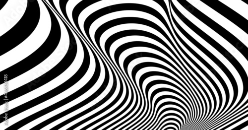 Black and white design. Pattern with optical illusion. Abstract striped background. Vector illustration.
