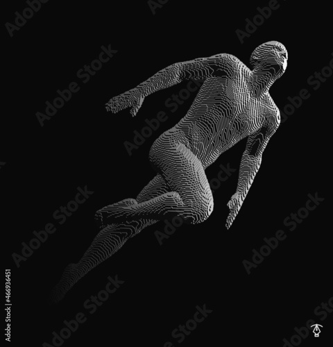 Running man constructing from cubes. Marathon runner. Human body model. Design for sport. Voxel art. 3D vector illustration.