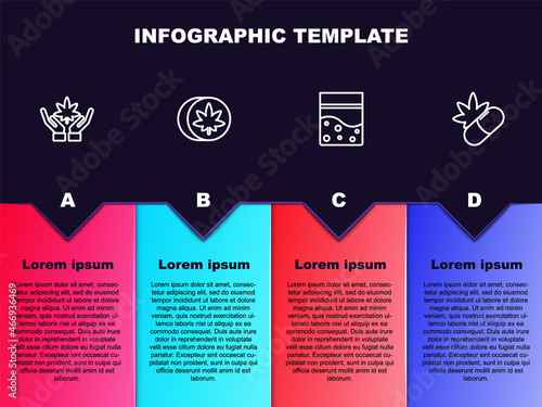 Set line Marijuana or cannabis leaf, Herbal ecstasy tablets, Plastic bag of and Medical pills with marijuana. Business infographic template. Vector