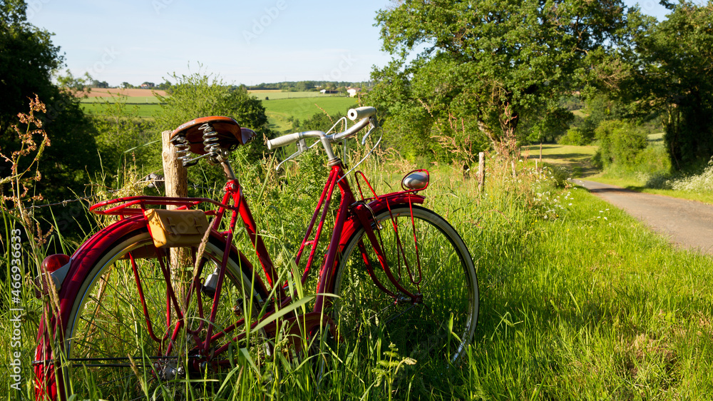 Vieux vélo rouge en bord de chemin sur une route de campagne.