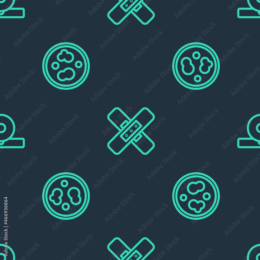Set line Crossed bandage plaster, Petri dish with bacteria and Otolaryngological head reflector on seamless pattern. Vector Set line Crossed bandage plaster, Petri dish with bacteria and Otolaryngological head reflector on seamless pattern. Vector