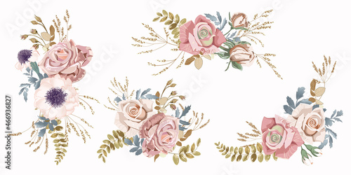 Flowers of peachy cream roses and golden leaves.