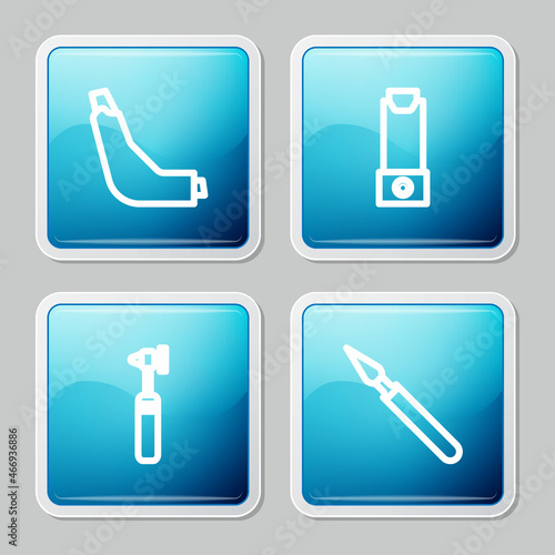 Set line Inhaler, , Medical otoscope tool and surgery scalpel icon. Vector