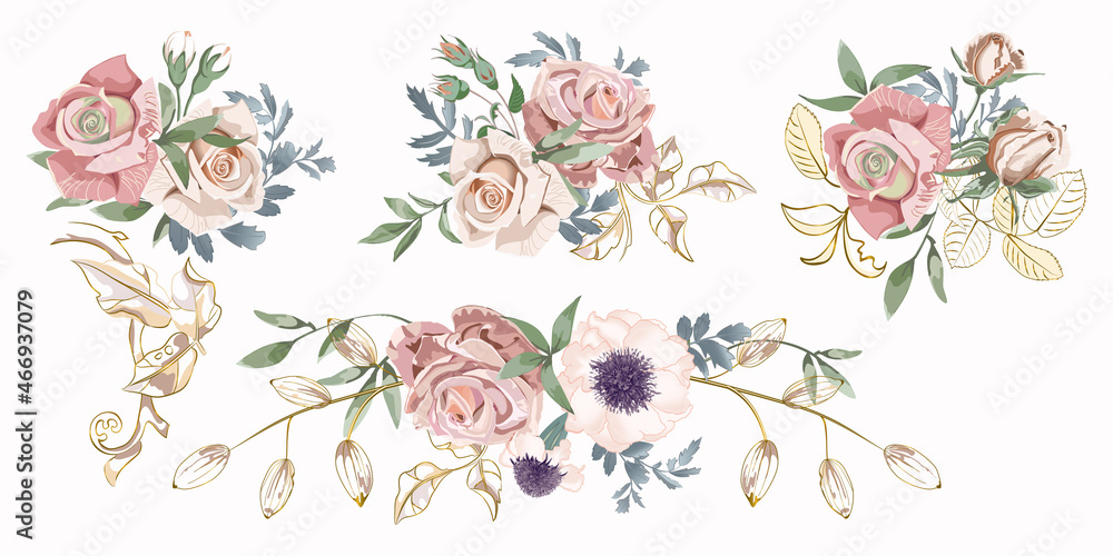 Flowers of peachy cream roses and golden leaves.