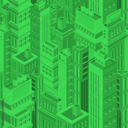 Green futuristic seamless pattern with isometric urban buildings and skyscrapers of modern megalopolis. Background with metropolitan city houses. Matrix backdrop. Vector illustration for wallpaper.