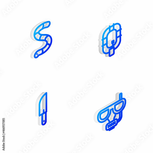 Set Isometric line Inflatable boat, Worm, Knife and Diving mask and snorkel icon. Vector