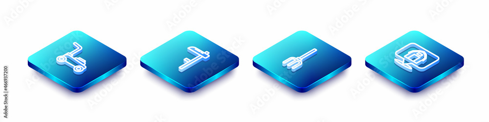 Set Isometric line Lawn mower, Scythe, Garden pitchfork and Location farm house icon. Vector Set Isometric line Lawn mower, Scythe, Garden pitchfork and Location farm house icon. Vector
