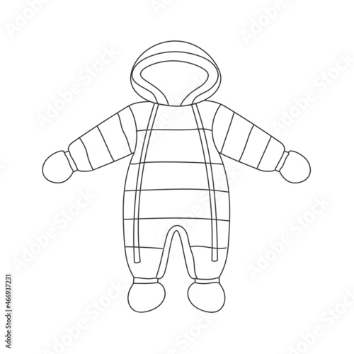 Winter baby overalls. Line art snow suit with hood. Baby clothing. Isolated vector illustration 