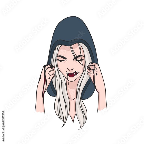 Woman with long blonde hair, lowered head covered with hood and fangs. Female demon, fantasy gothic lady or vampire isolated on white background. Colorful vector illustration in realistic style.