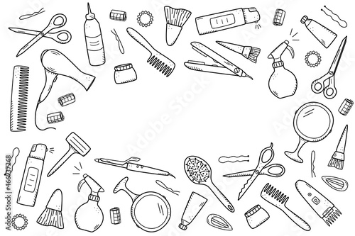 Frame of a set of hairdressing tools, vector illustration doodle scissors, razor, hair dryer, curling iron, curler, comb, brush, cream.