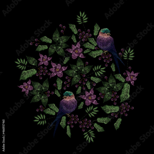Satin stitch embroidery design with birds and flowers. Folk line flora and fauna trendy pattern. Ethnic fashion decor on black background. Colorful vector illustration.