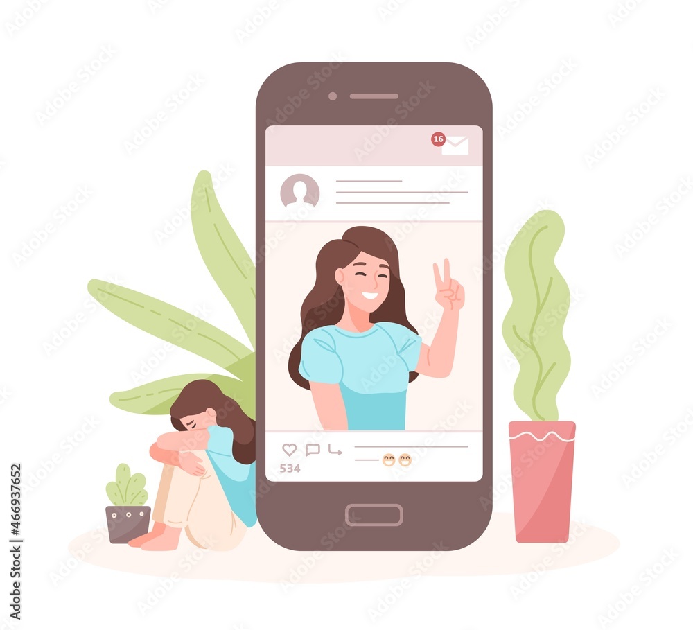 Portrait of smiling woman on smartphone screen against crying one on  background. Concept of fake life on social media or network. Imitation of  happiness, welfare, success. Cartoon vector illustration. vector de Stock