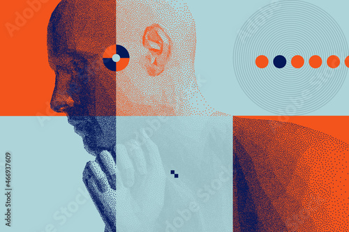 Man with his fist under his chin. Abstract digital human head. Time to think. Minimalistic design for business presentations, flyers or posters. 3d vector illustration.