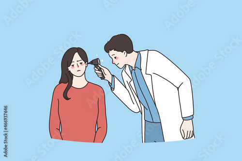 Otolaryngologist check woman patient ear with special equipment. Audiologist doctor examine check girl hearing in hospital or clinic. Medicine, healthcare concept. Flat vector illustration. 