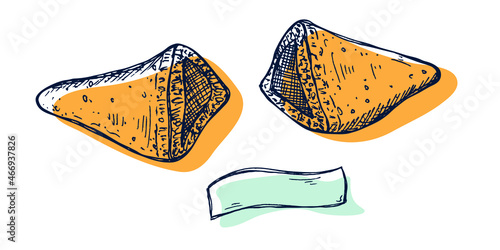 Vector hand drawn chinese fortune cookies isolated on white backgrounds. Colorful food illustration. Crisp cookie with a blank piece of paper inside. For print, web, design, decor.